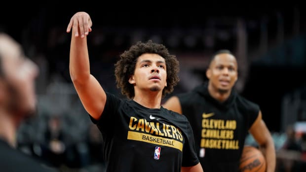 Jan 20, 2024; Atlanta, Georgia, USA; Cleveland Cavaliers guard Craig Porter (9) warms up on the court prior to the game against the Atlanta Hawks at State Farm Arena. Mandatory Credit: Dale Zanine-USA TODAY Sports